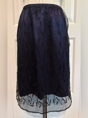 MAXIME, Skirt Navy Blue Lining with Sheer Black Floral Sequin Overlay, Size M